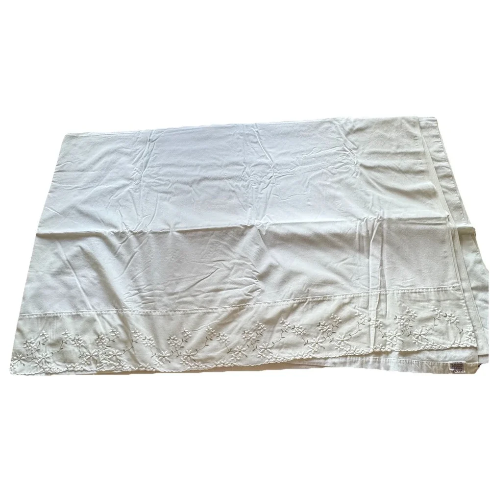 VTG Wamsutta Supercale Plus Ivory Full Flat Sheet & Pillowcase‎ Daisy Embroidery